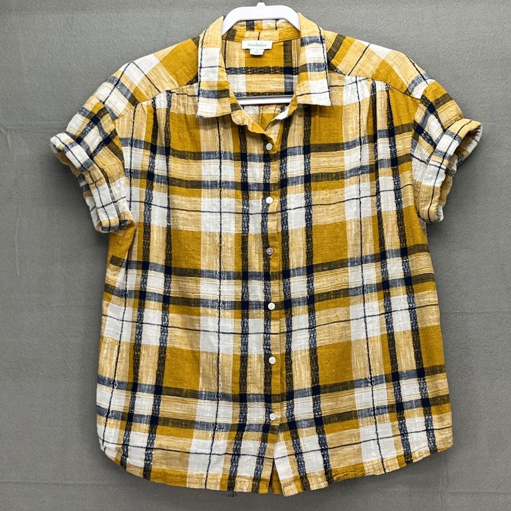 Sundance Womens Yellow Navy Plaid 100% Cotton Short Sleeve Button Down Shirt M